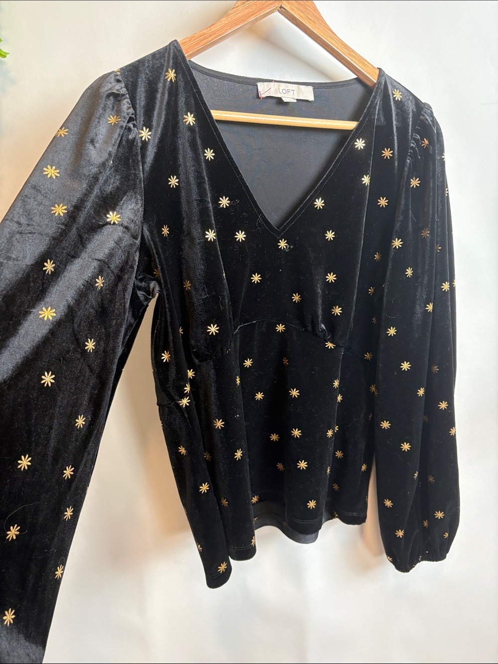 LOFT Black Velvet V-Neck Top with Gold Star Motif
